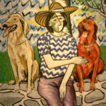 Javier Guadarrama - Mujer con sombrero de paja y dos perros, 2023. Óleo sobre tela.